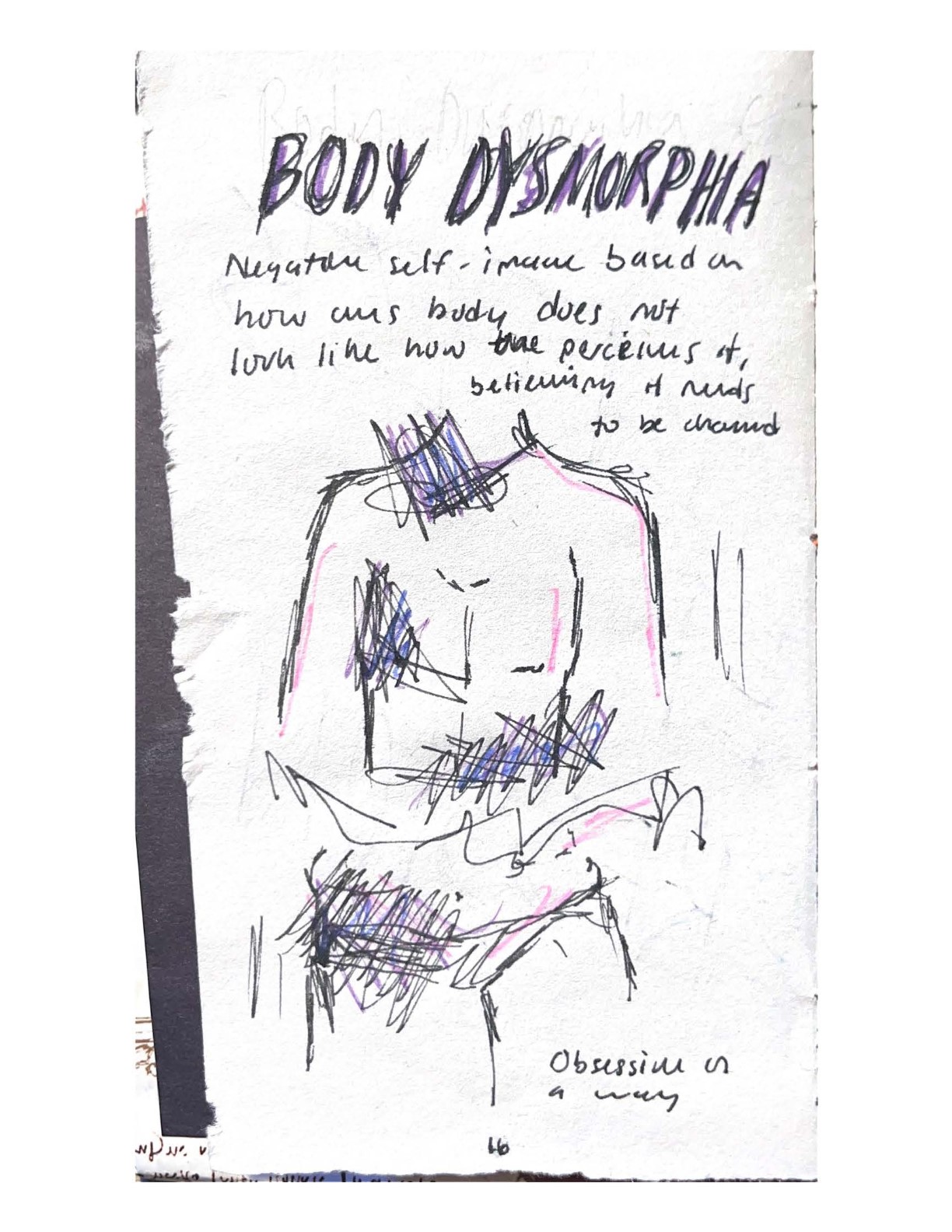 BODY DYSMORPHIA.
    Negative self-image based on how one’s body does not look like how one perceives it, believing it needs to be changed. Obsessive in a way. [Drawing of a body with parts scratched out.]
    